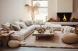 © MiniMaxi - Elegant modern, luxury, neutral, cozy and white bohemian, boho living room with a sofa and plants. soft earthy colors. Great as interior furniture decoration design inspiration.