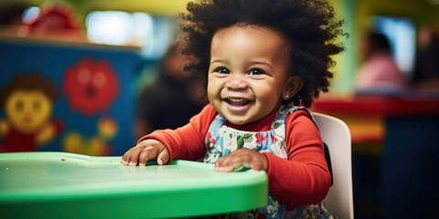 Wall Mural - Portrait of a cute baby girl playing in a children's room