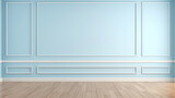 Fototapeta  - Elegant empty room with light blue tall walls. Frame wall molding decorating. Wooden floor. Copy space. Generative AI