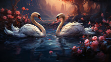 Two white swans couple swimming in lake. Generative Ai