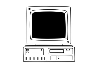 Hand drawn cute outline illustration of retro computer. Flat vector old pc sticker in line art doodle style. Vintage office or programmer device icon or print. Information technology. Isolated.