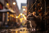 Fototapeta Uliczki - Urban rat exploring a bustling city alley at dusk.
