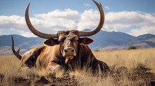 Big Brown Bull With Horns Laying Down In A Field In Idaho Open Range Country. AI Generative.