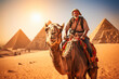 Tourist riding a camel in front of the Great Pyramid in Egypt. Focus on the camel