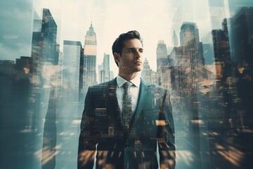 Wall Mural - Double exposure of confident businessman and modern cityscape with sunlight. Concept of leadership and success. Toned image double exposure