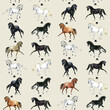 Watercolor hand painting horses pattern. Hand drawing background. Set of silhouette horses in motion rearing horse, running horse illustration.