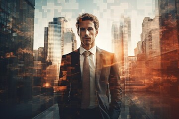 Wall Mural - Double exposure of confident businessman and modern cityscape with sunlight. Concept of leadership and success. Toned image double exposure