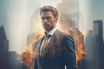 Wall Mural - Double exposure of confident businessman and modern cityscape with sunlight. Concept of leadership and success. Toned image double exposure