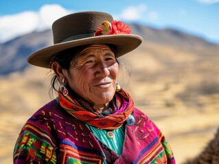 Wall Mural - Andean woman in Bolivia wearing a bowler hat and vibrant aguayo textile, Llama by her side