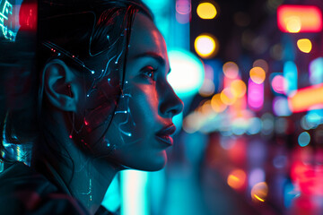 Wall Mural - futuristic cityscape portrait, cybernetic enhancements visible on a person’s face, neon reflections