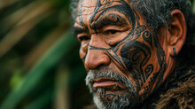 Maori Man With Traditional Ta Moko Facial Tattoos, Powerful Gaze, Native New Zealand Bush Setting