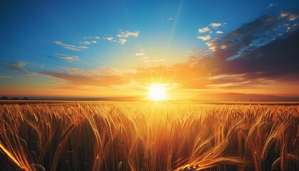 Wall Mural - Enchanting sunrise over serene countryside with vibrant wheat fields and clear blue sky