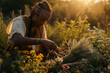 Tribal herbalist with a collection of medicinal plants, knowledgeable and serene demeanor