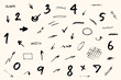 Charcoal hand drawn pencil arrows, scribbles and circle boxes. Emphasis arrows, doodle squiggles rough scratches numbers alphabets. Vector illustration of lines, waves, squiggles marker sketch style