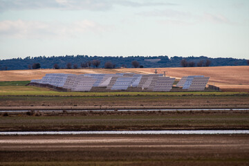 A solar panel installation near El Hito Lagoon. El Hito Lagoon is a saline wetland located in Cuenca where each year thousands of cranes spend winter.