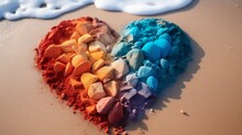 Heart Shaped In Different Colors On The Beach. Generated In Ai