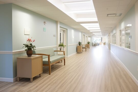 nursing home setting portrays a well-lit and neat corridor