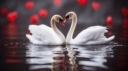 Two white swans form a heart on dark water surrounded by red hearts. Symbol of love, Valentine's day