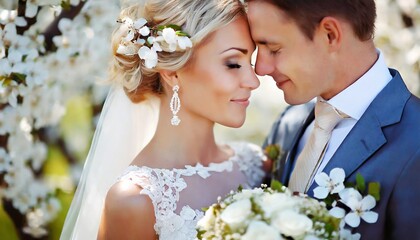 Beautiful Wedding Couple, Dressed up in Romantic Environment holding a Wedding Bouquet.