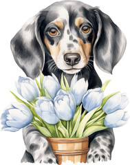 Aufkleber - Dachshund with flowers watercolour illustration created with Generative AI technology