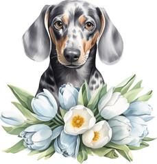 Aufkleber - Dachshund with flowers watercolour illustration created with Generative AI technology