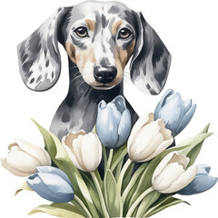 Aufkleber - Dachshund with flowers watercolour illustration created with Generative AI technology