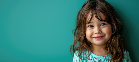 Wall Mural - Portrait of little pretty brunette curly hair girl child with expression of joy on face, cute smiling isolated on a flat pastel blue background with copy space. Template for banner, text place.