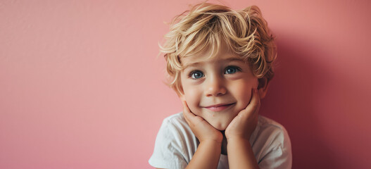 Wall Mural - Portrait of pretty blonde hair little boy child with expression of joy on face, cute smiling isolated on a flat pastel pink background with copy space. Template for banner, text place.