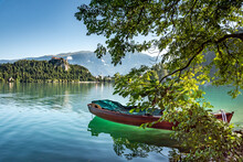 Landscape Of Slovenia. A View Of Lake Bled. In The Foreground A Boat Is Moored Under A Tree. In The Background, We Can See The Church  Of The Assumption Of Mary