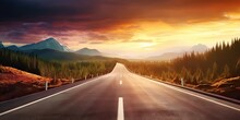 Journey Through Captivating Landscape Road Stretches Endlessly Toward Horizon. Sun Bids Farewell On Highway Of Sky Breathtaking Sunset Unfolds. Travel Concept
