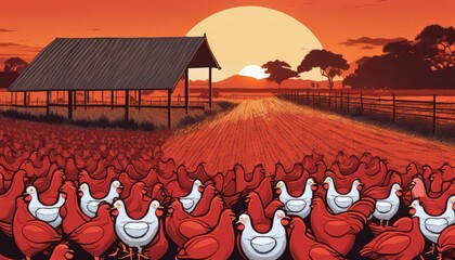 Sticker - A flock of chickens standing in front of a barn