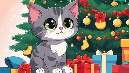 Wall Mural - A gray and white cat sitting in front of a Christmas tree