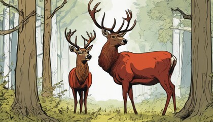 Two deer in a forest, one with antlers
