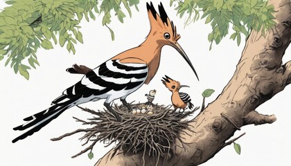 Poster - A bird with a long beak is feeding a baby bird