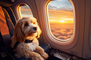 cute fluffy red ginger dog sitting on airplane seat by window traveling and flying with pets concept