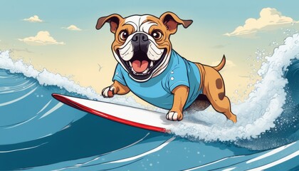 Wall Mural - A dog wearing a blue shirt and a white collar riding a surfboard