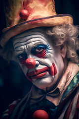 Canvas Print - Clown with hat and clown makeup looks at the camera.