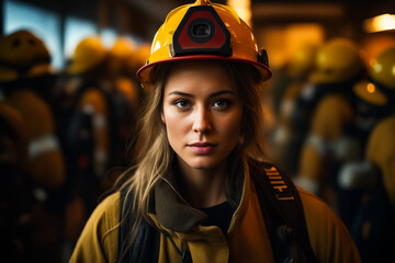 Poster - Woman wearing fireman's helmet and jacket.