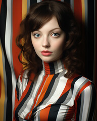 Wall Mural - Boldly painted in vibrant red lipstick, a young woman with striking bangs and a striped shirt gazes intensely at the viewer, capturing the essence of modern femininity