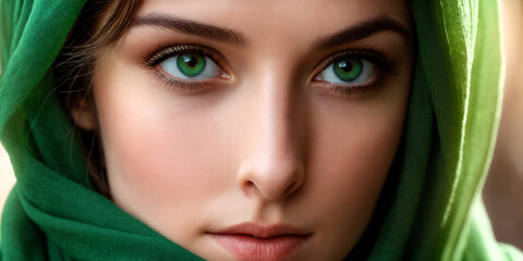 Wall Mural - close up of green eyes of a girl with face wrapped in a green scarf
