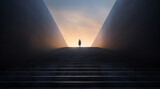 Fototapeta  - Person in the backlight stands at the end of the stairs and looks towards the sun or the light - theme of new beginnings, life after death or the afterlife