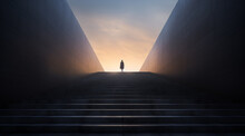 Person In The Backlight Stands At The End Of The Stairs And Looks Towards The Sun Or The Light - Theme Of New Beginnings, Life After Death Or The Afterlife