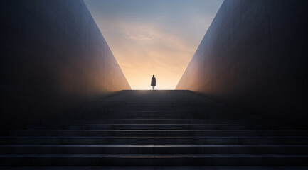 person in the backlight stands at the end of the stairs and looks towards the sun or the light - the