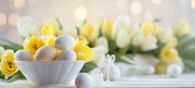Easter Holiday Celebration Banner Greeting Card Banner With Easter Eggs In A Bowl And Yellow Tulip Flowers On White Wooden Background Tabel Texture