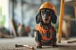 Professionally Dressed Dachshund - a well-groomed old Dachshund posing as a construction worker with a hard hat and tool belt Gen AI