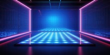 Neon Room With Led Light Stage Vector Background. Dark Abstract Studio With Screen Night Scene. Empty Television Hall For Dance Party Or Concert.