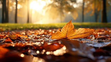 autumn leaves on the ground in the park in the rays of the setting sun