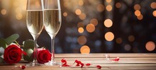 Valentine's Day, Wedding, Birthday Celebration Holiday Greeting Card Banner Concept - Clinking Glasses, Sparkling Wine Or Champagne Glasses And Red Roses On Table With Bokeh Lights In The Background