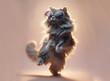 A long-haired gray cat wearing sunglasses and dancing happily