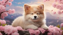 Dog Puppy Sleeping In The Garden Or Blooming Sakura Flowers And Background Sky